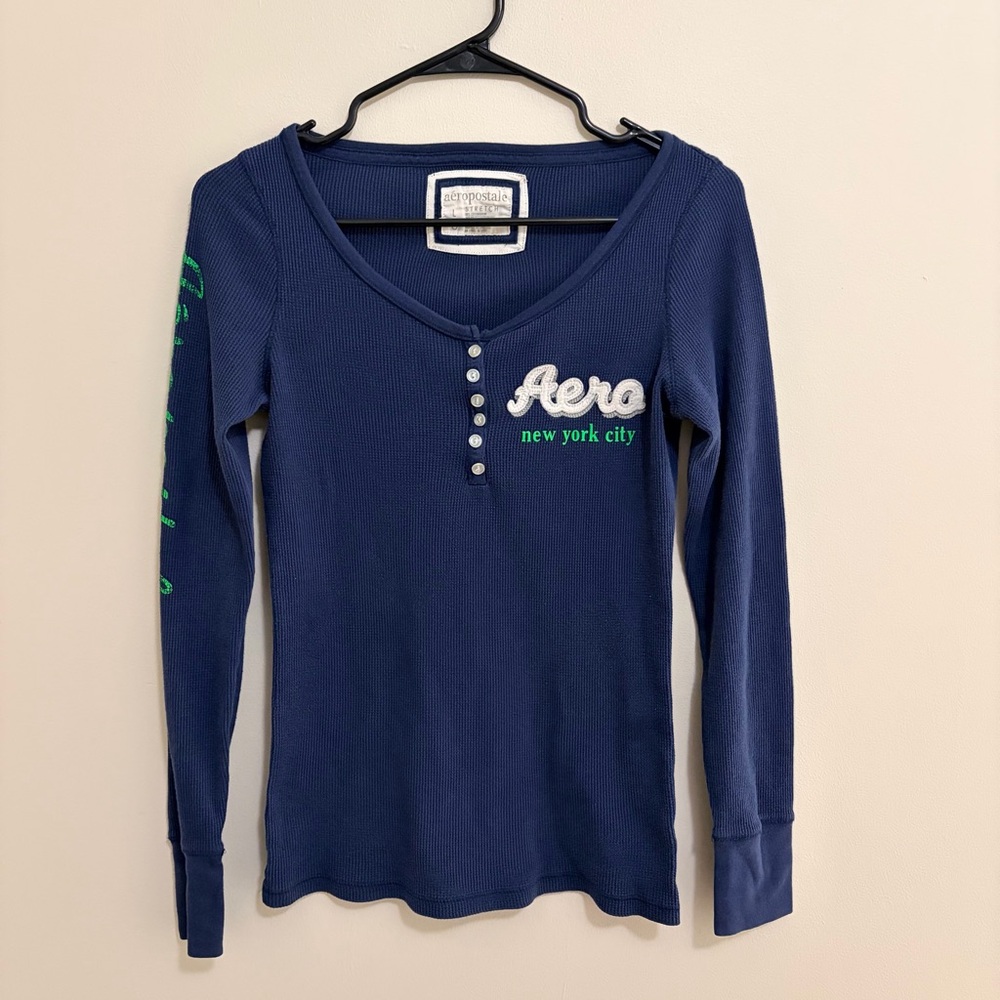 Y2K Rare Find Aeropostale Navy Long Sleeve Tee Thermal Juniors Large Womens